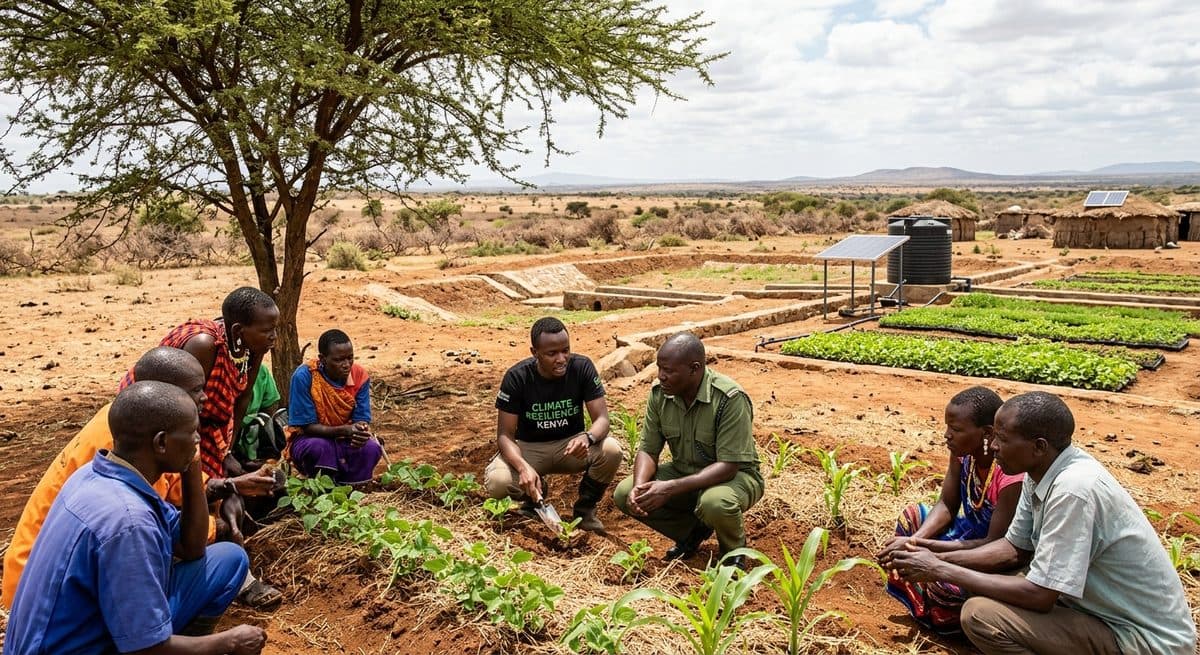 Community members and field staff discussing climate-smart farming beside water storage and solar power