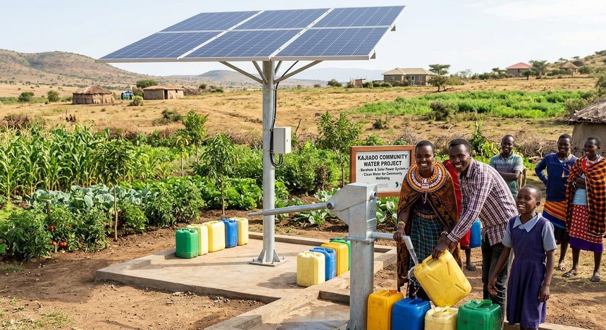 Villagers collecting clean water from a solar-powered borehole beside a vegetable garden