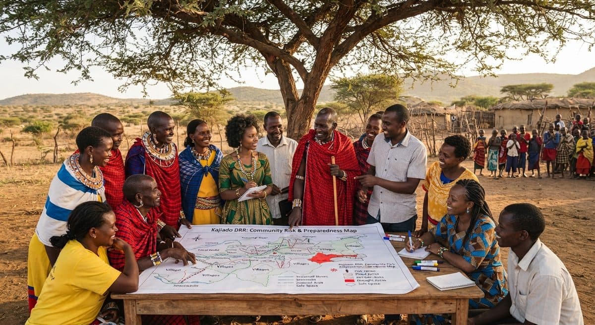 Community members and facilitators gathered around a hand-drawn risk and preparedness map of Kajiado